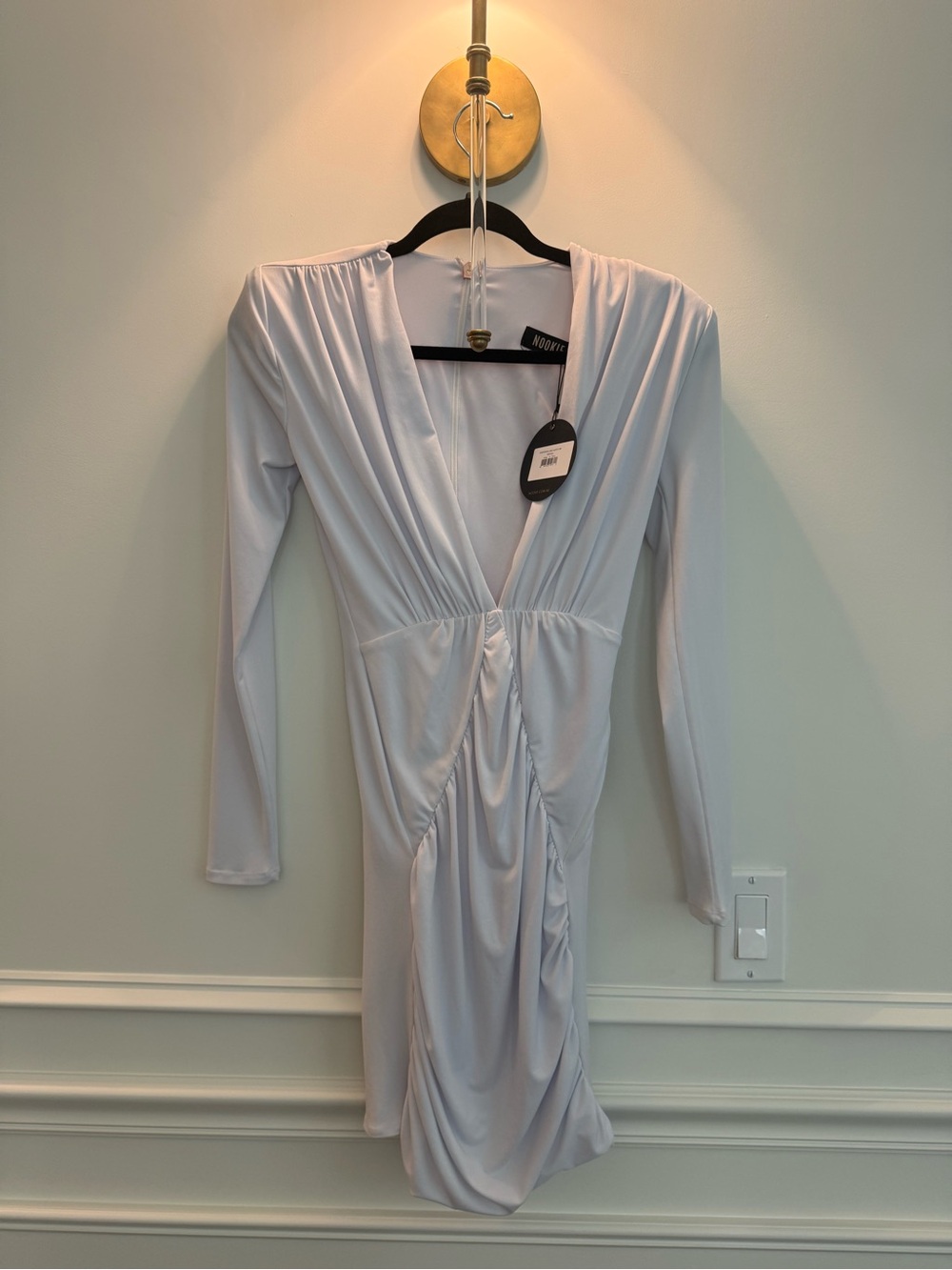 Nookie Long Sleeve Draped V-Neck Women’s Dress in bright white